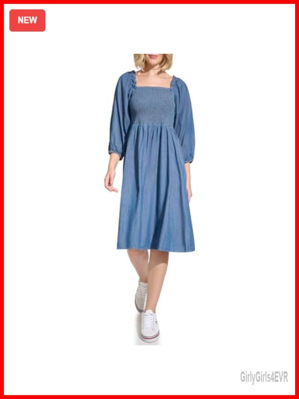 Tencel Smocked Midi Dress Puff Sleeve Collared Business Casual